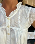Ebony White Pure Cotton gathered V neck Nightie with butterfly lace sleeve