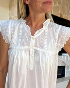Ebony White Pure Cotton gathered V neck Nightie with butterfly lace sleeve