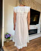 Ebony White Pure Cotton gathered V neck Nightie with butterfly lace sleeve