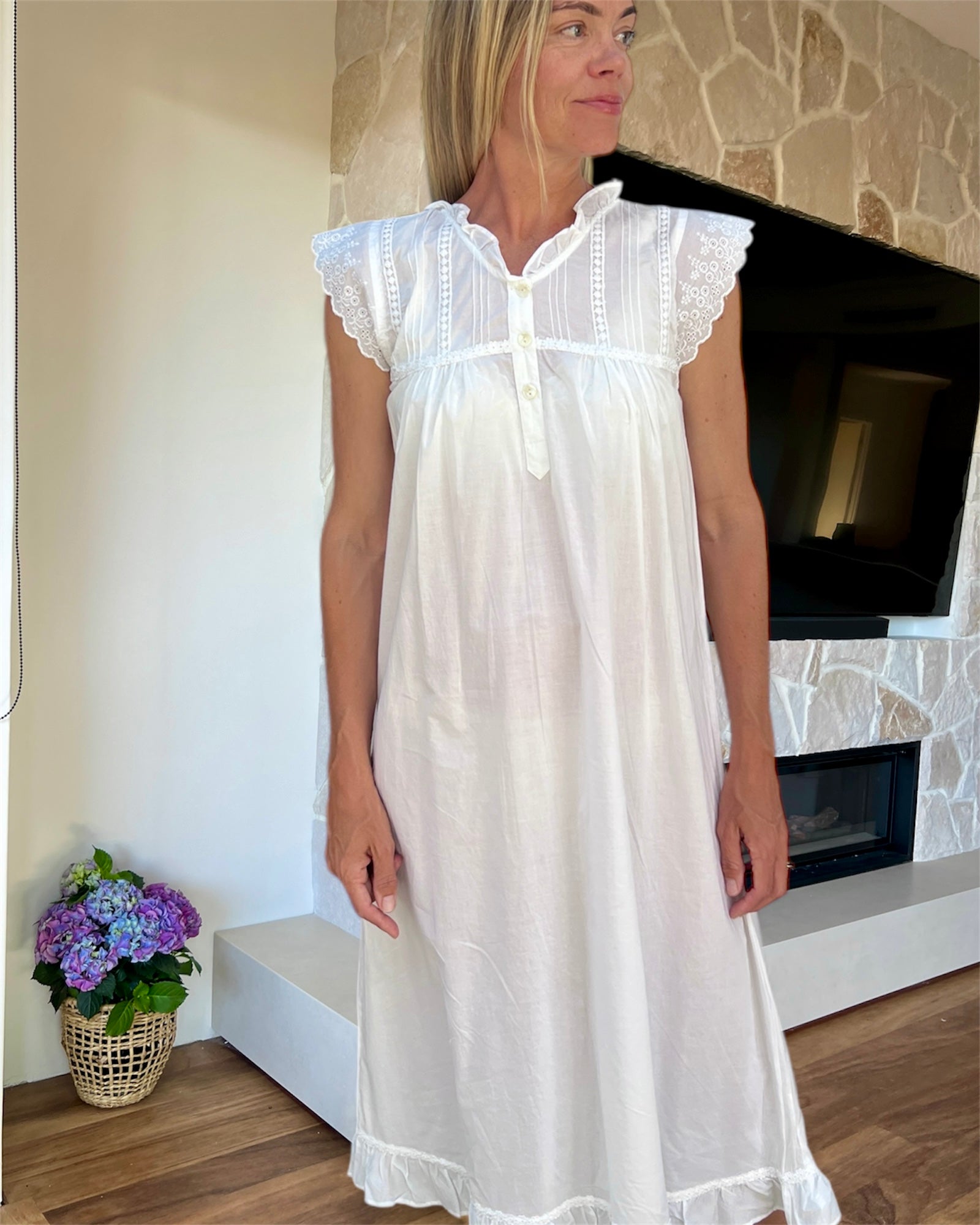 Ebony White Pure Cotton gathered V neck Nightie with butterfly lace sleeve