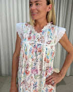 Ebony dandelion spray Pure Cotton gathered V neck Nightie with lace butterfly sleeves