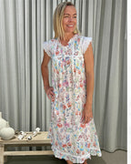Ebony dandelion spray Pure Cotton gathered V neck Nightie with lace butterfly sleeves