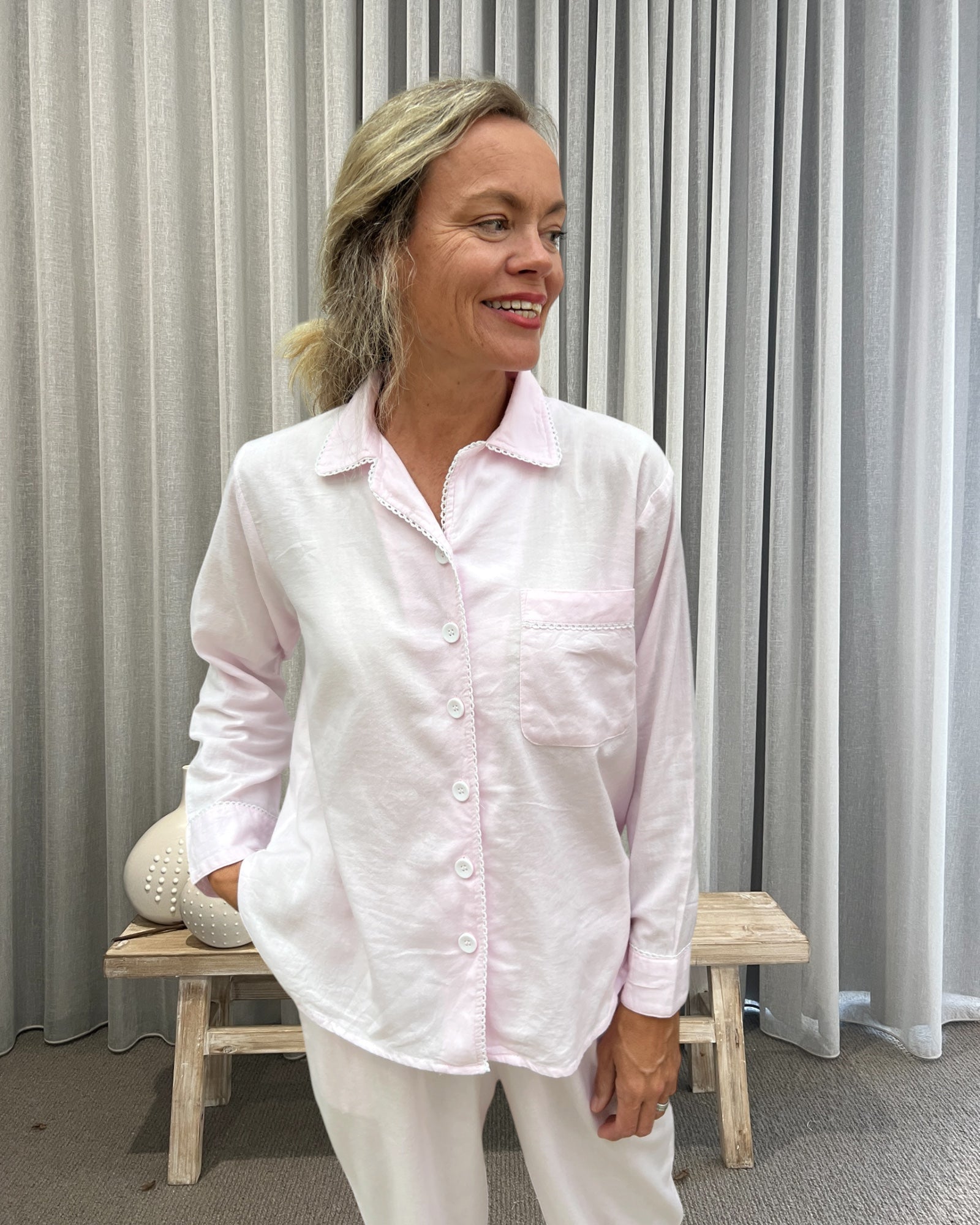 Eleanor Brushed Cotton Long Sleeve Soft soft pink PJ Set