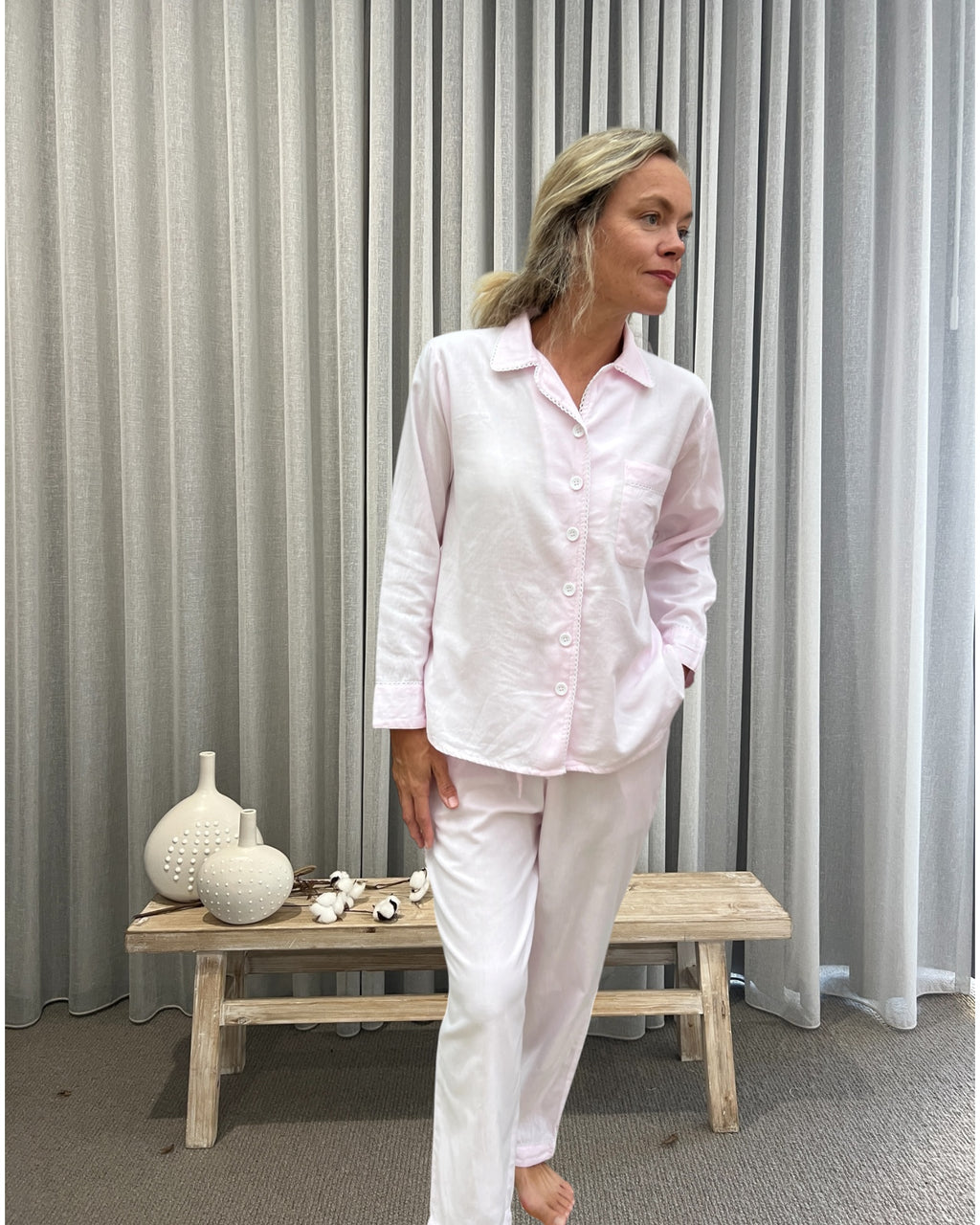 Eleanor Brushed Cotton Long Sleeve Soft soft pink PJ Set