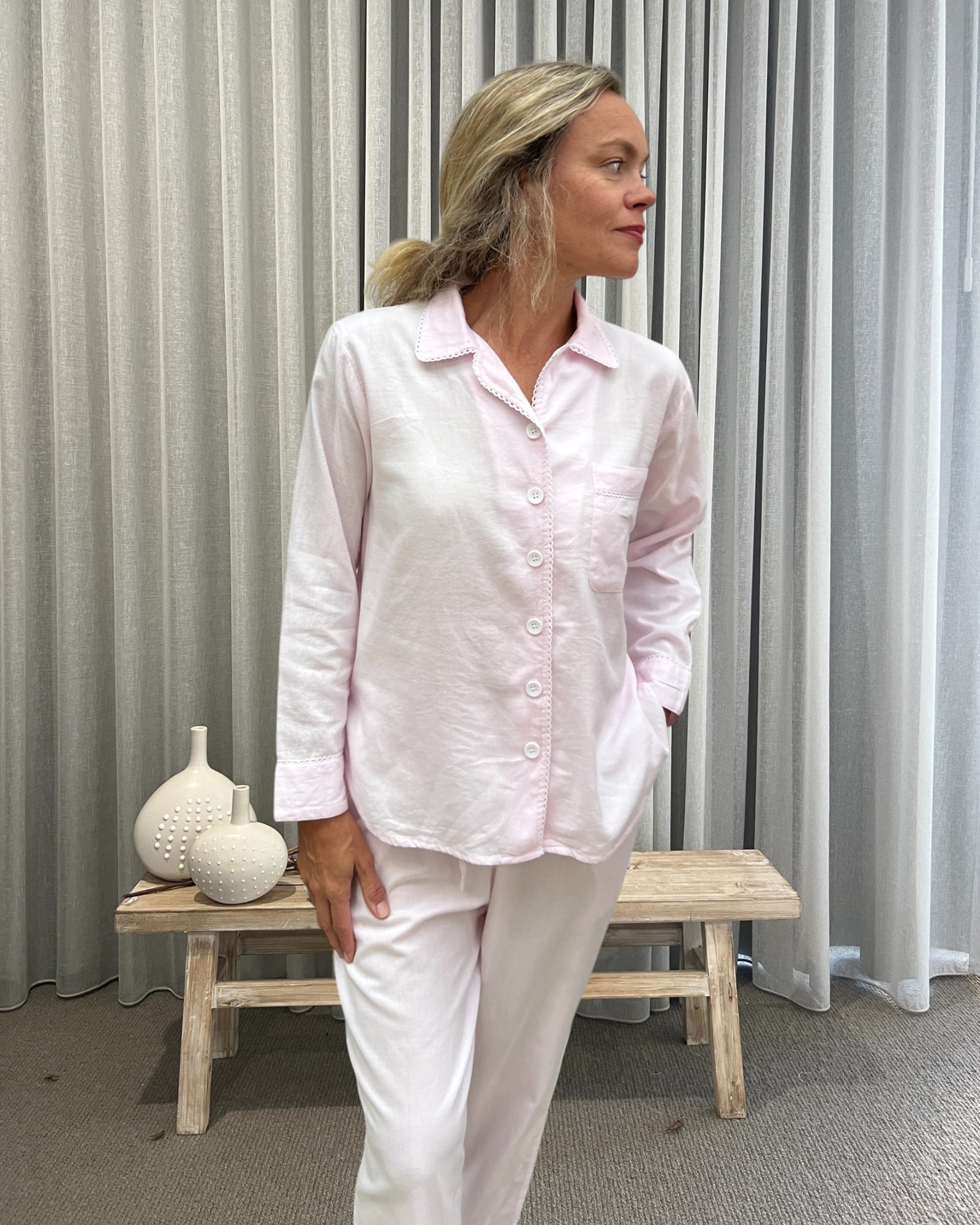 Eleanor Brushed Cotton Long Sleeve Soft soft pink PJ Set