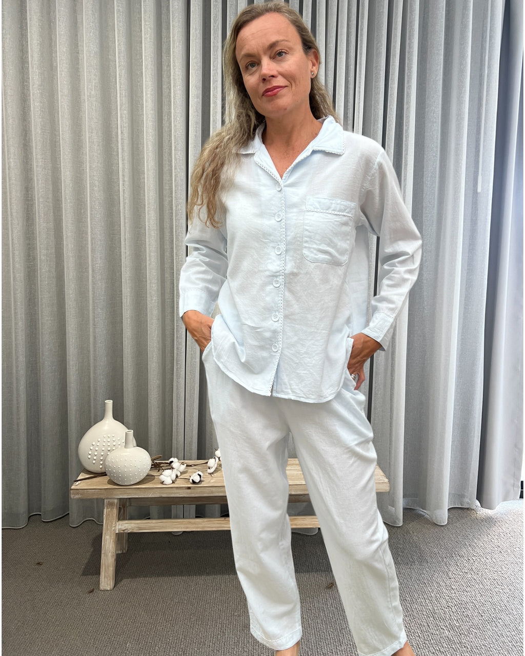 Eleanor Brushed Cotton Long Sleeve light blue PJ Set