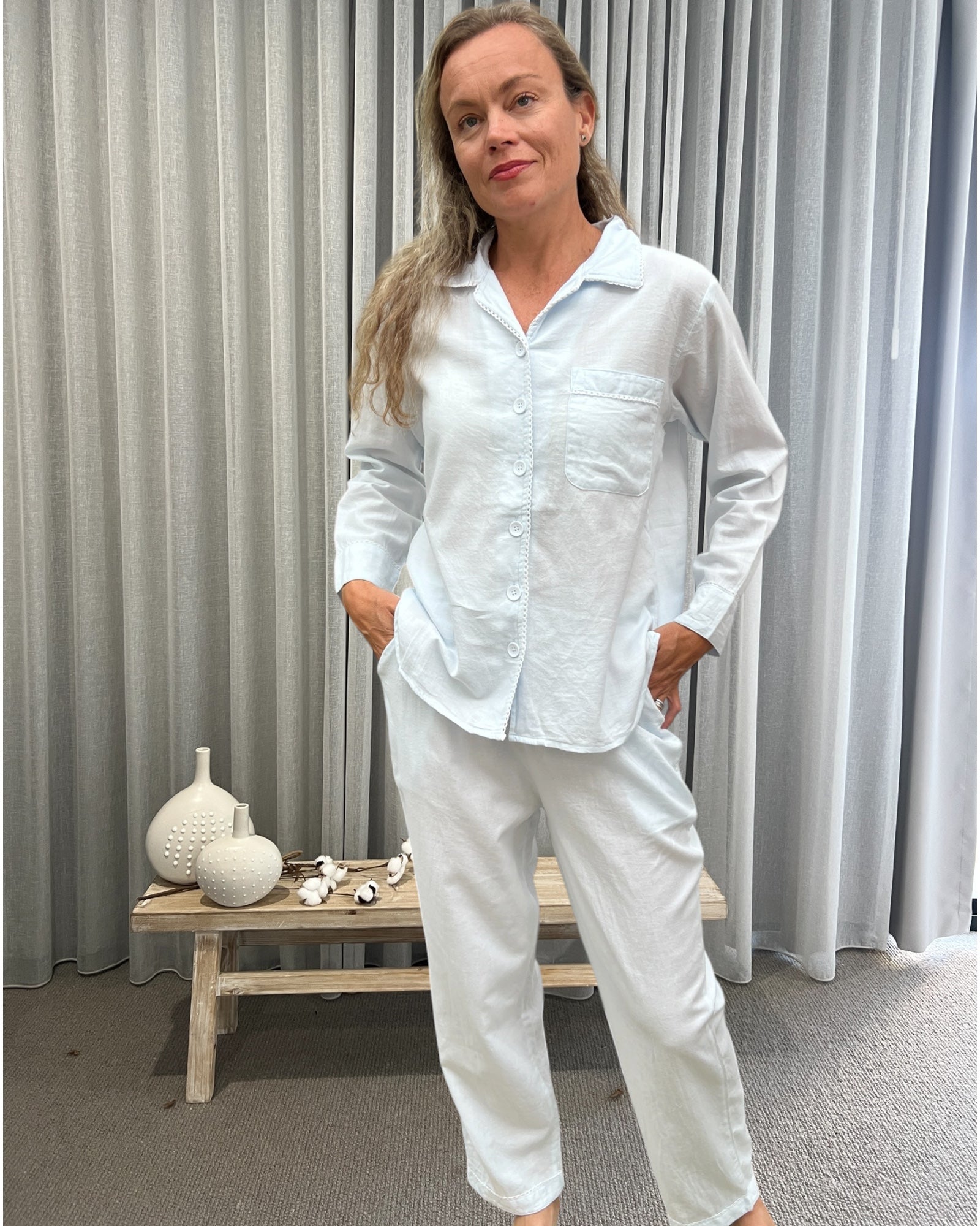 Eleanor Brushed Cotton Long Sleeve light blue PJ Set
