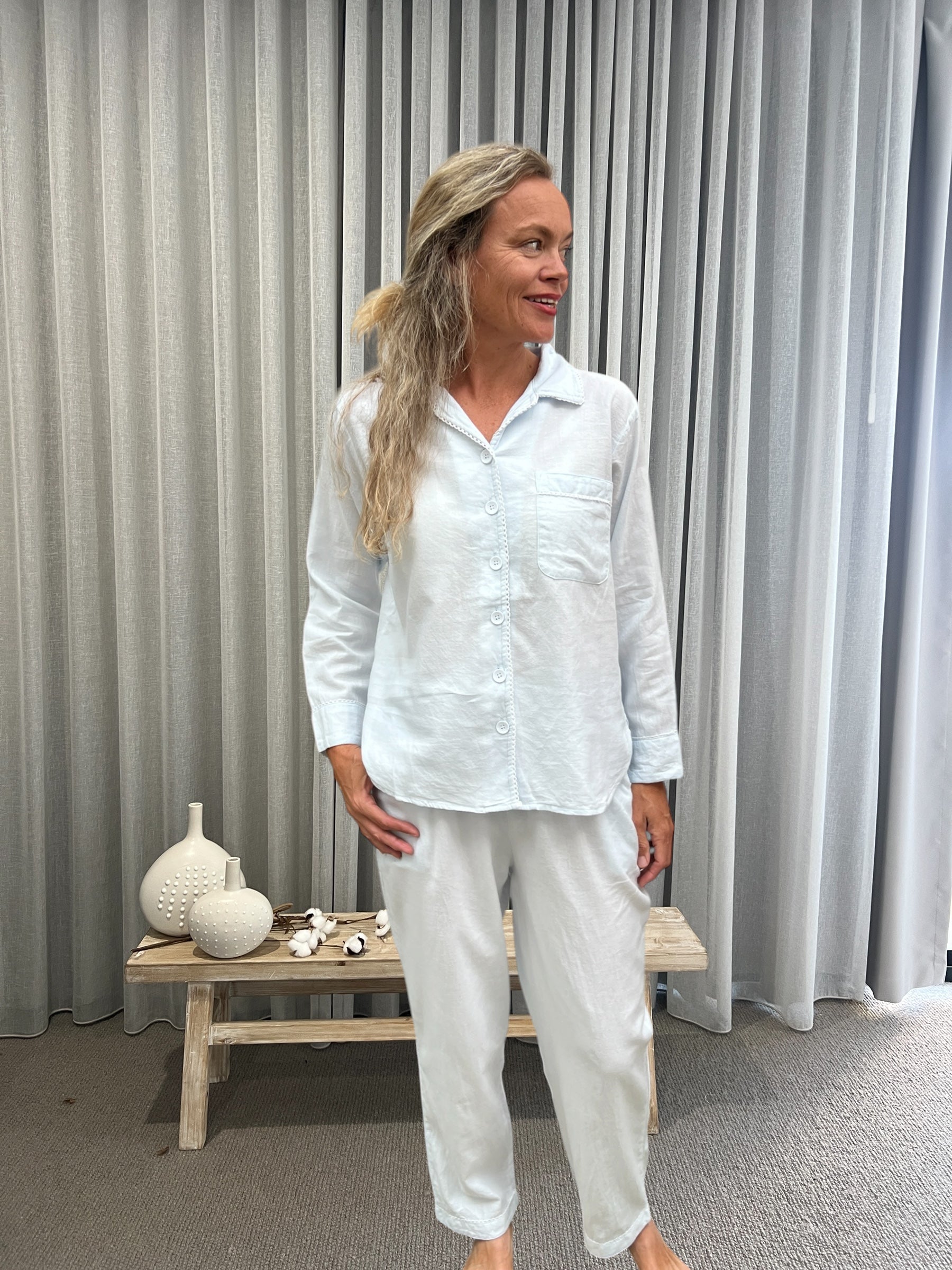 Eleanor Brushed Cotton Long Sleeve light blue PJ Set