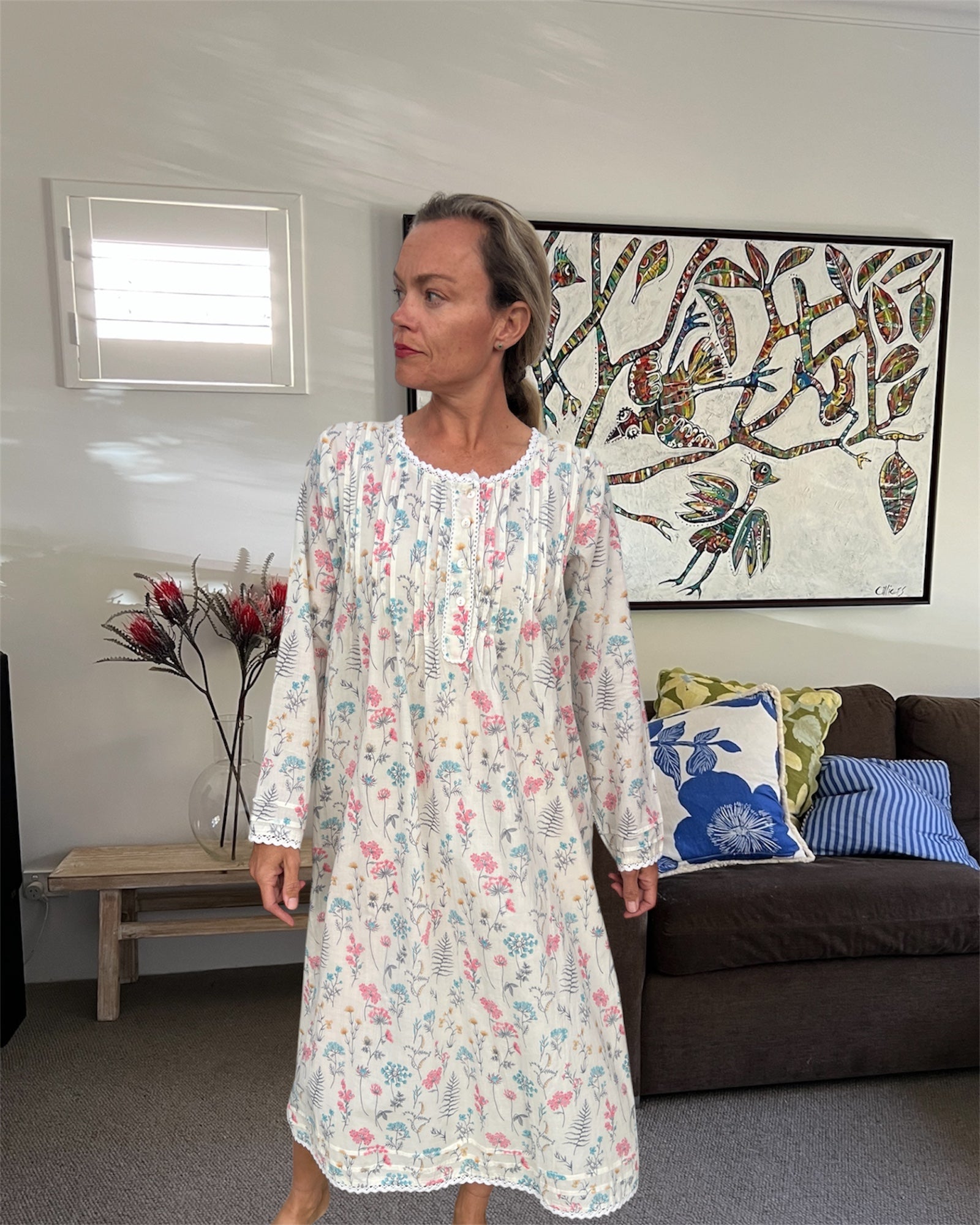 Elizabeth Cambric Cotton Long Sleeve Fern Flower Nightgown