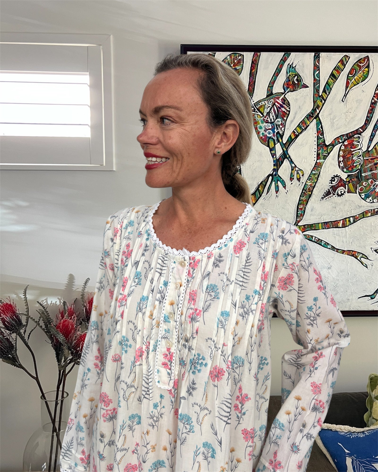 Elizabeth Cambric Cotton Long Sleeve Fern Flower Nightgown