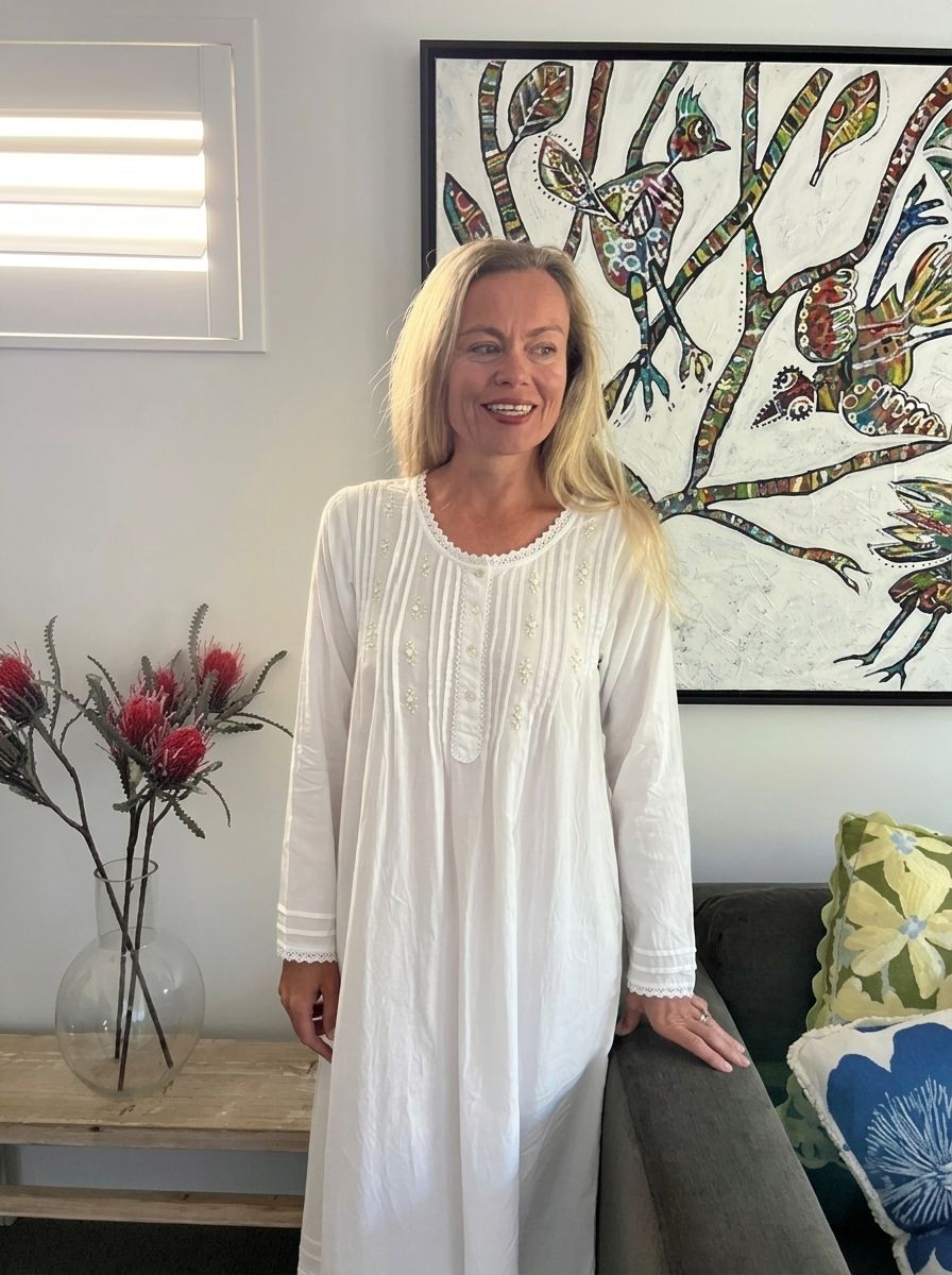 Elizabeth Cambric Cotton Long Sleeve White Nightgown