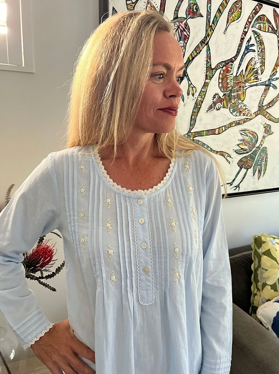 Elizabeth Cambric Cotton Long Sleeve light blue Nightgown
