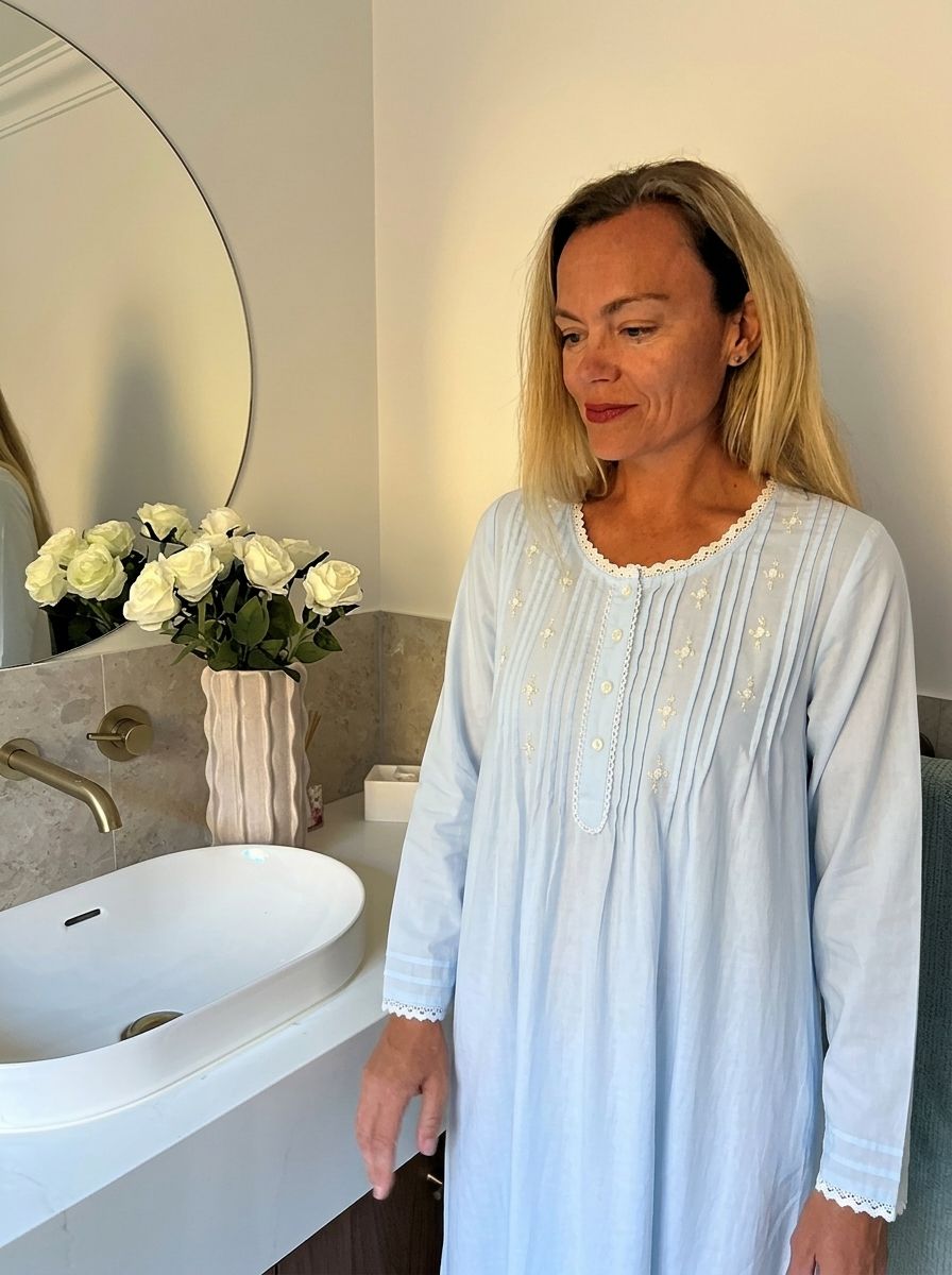 Elizabeth Cambric Cotton Long Sleeve light blue Nightgown