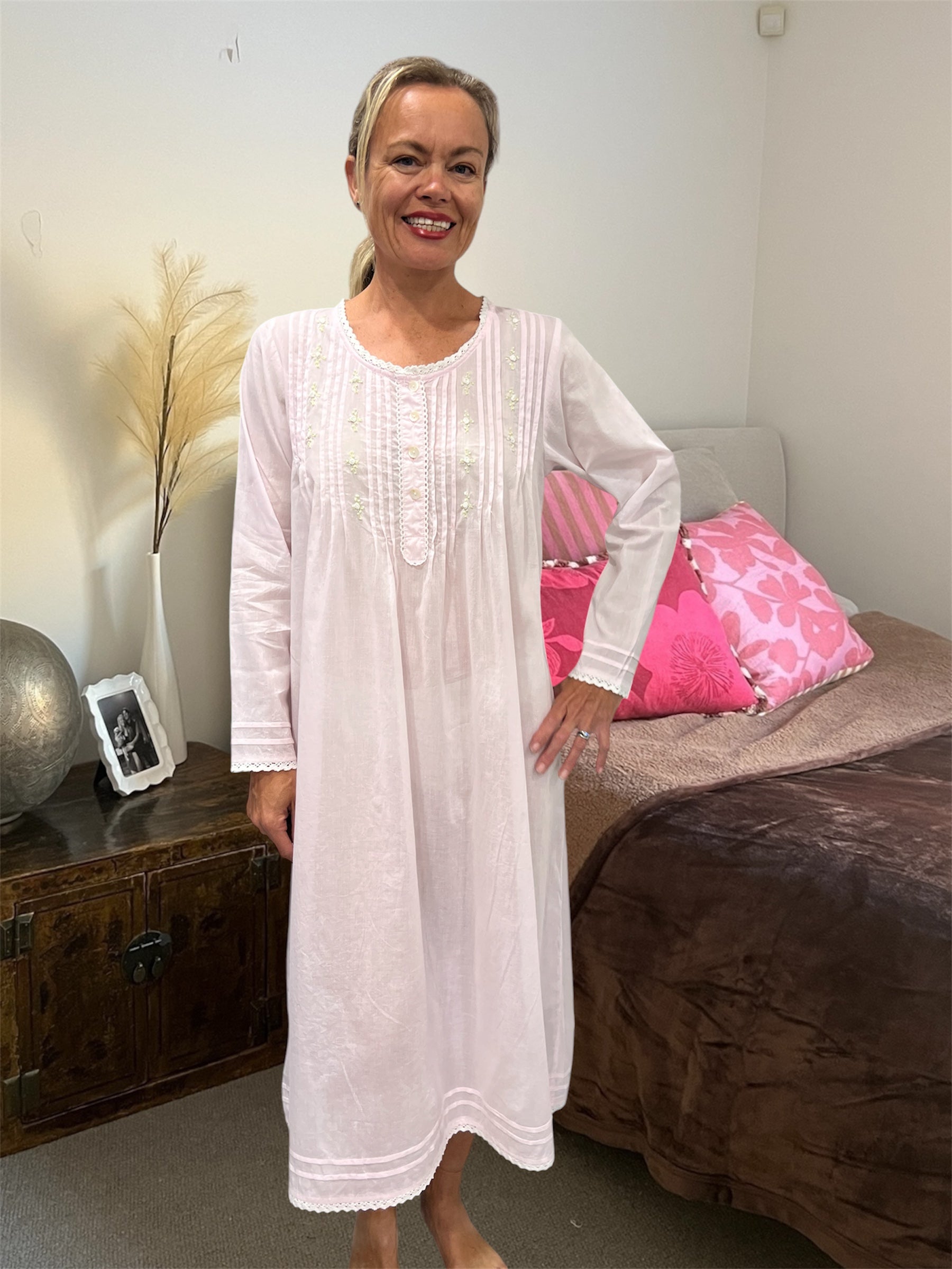 Elizabeth Cambric Cotton Long Sleeve soft pink Nightgown