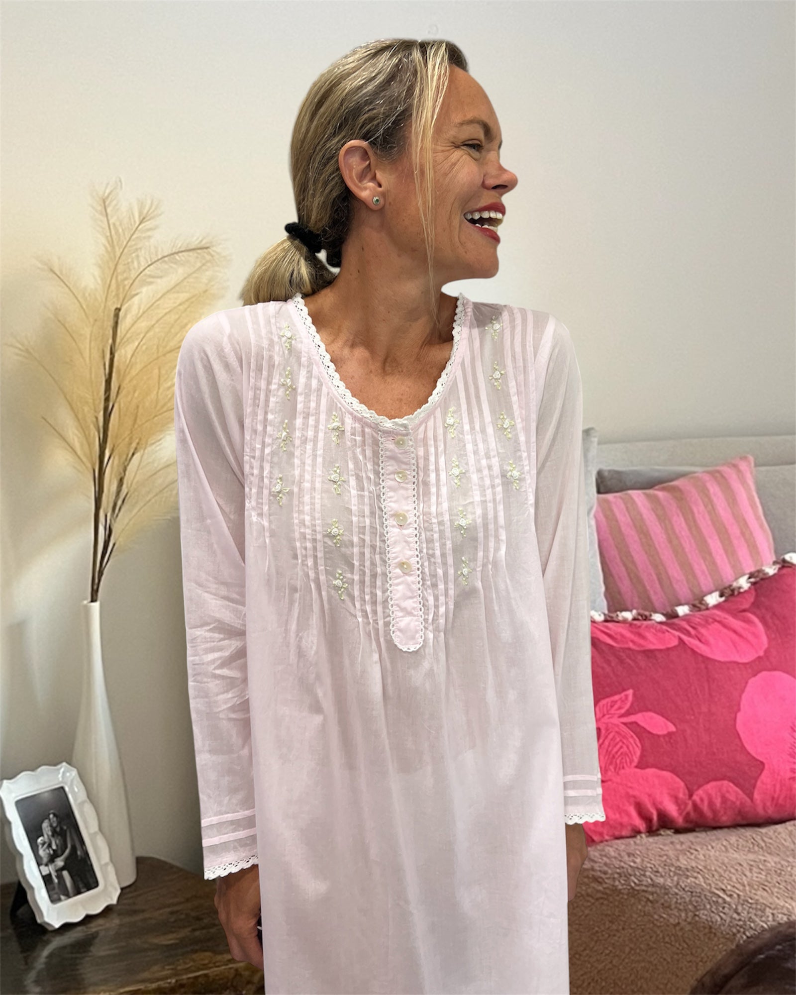 Elizabeth Cambric Cotton Long Sleeve soft pink Nightgown