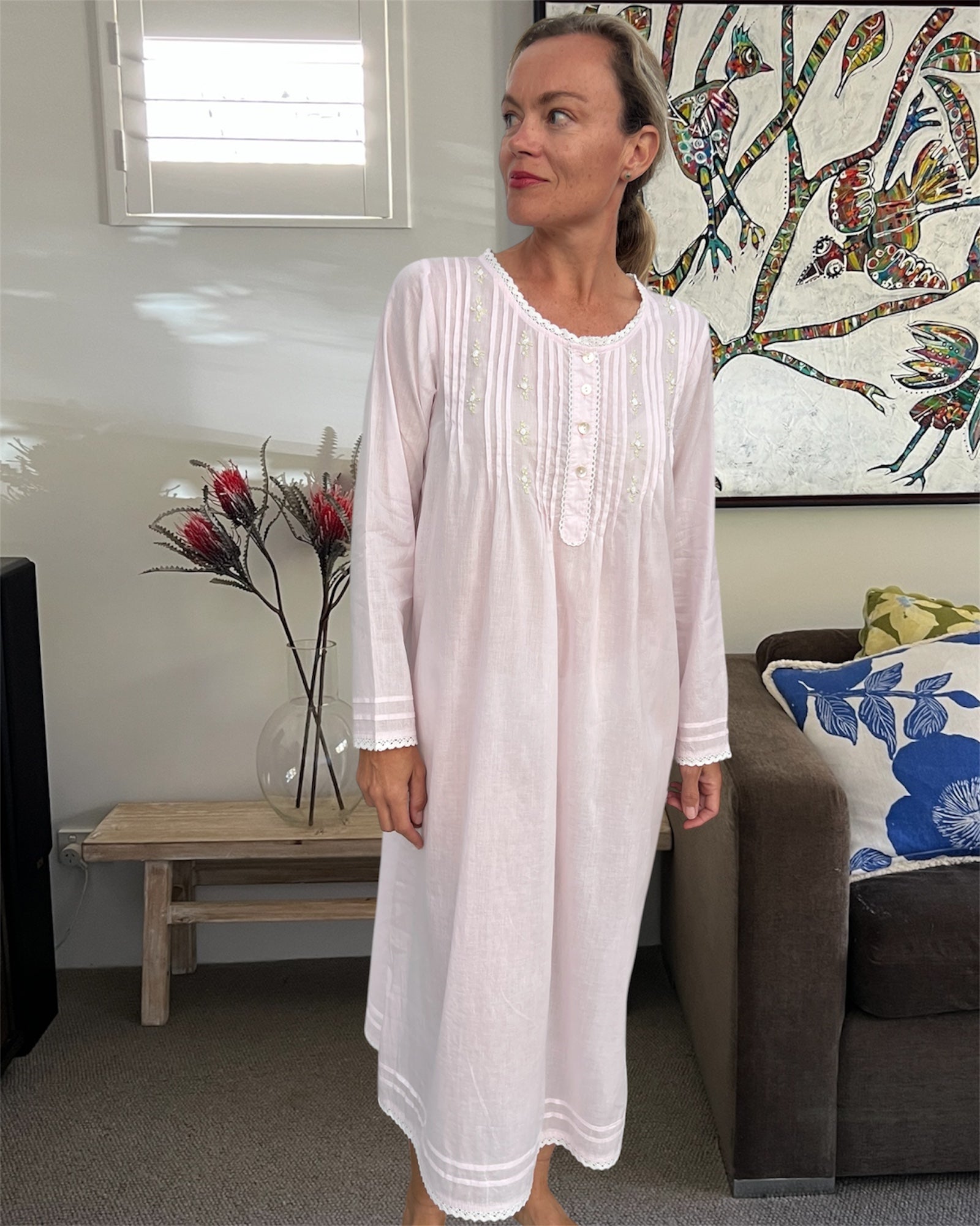 Elizabeth Cambric Cotton Long Sleeve soft pink Nightgown