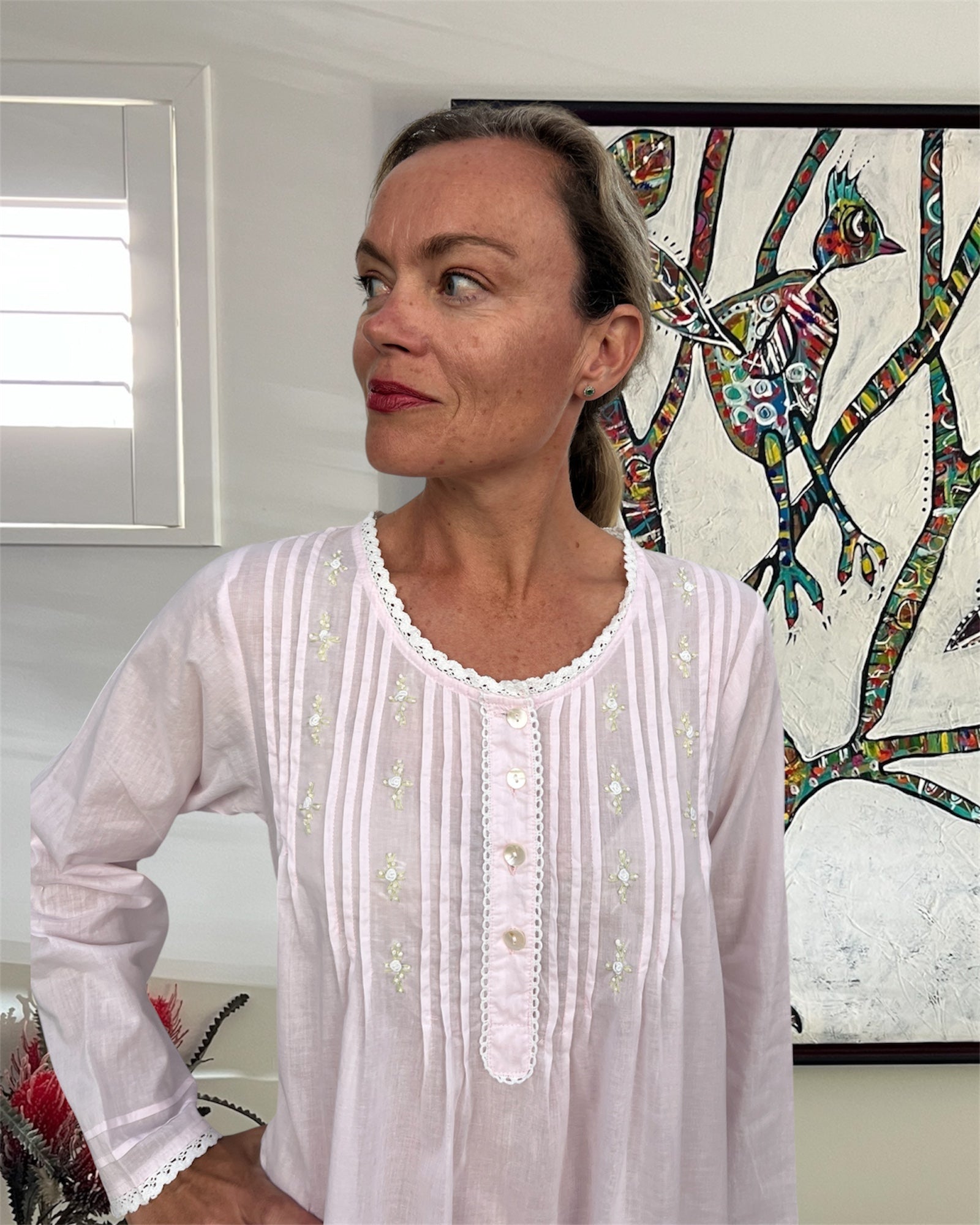 Elizabeth Cambric Cotton Long Sleeve soft pink Nightgown