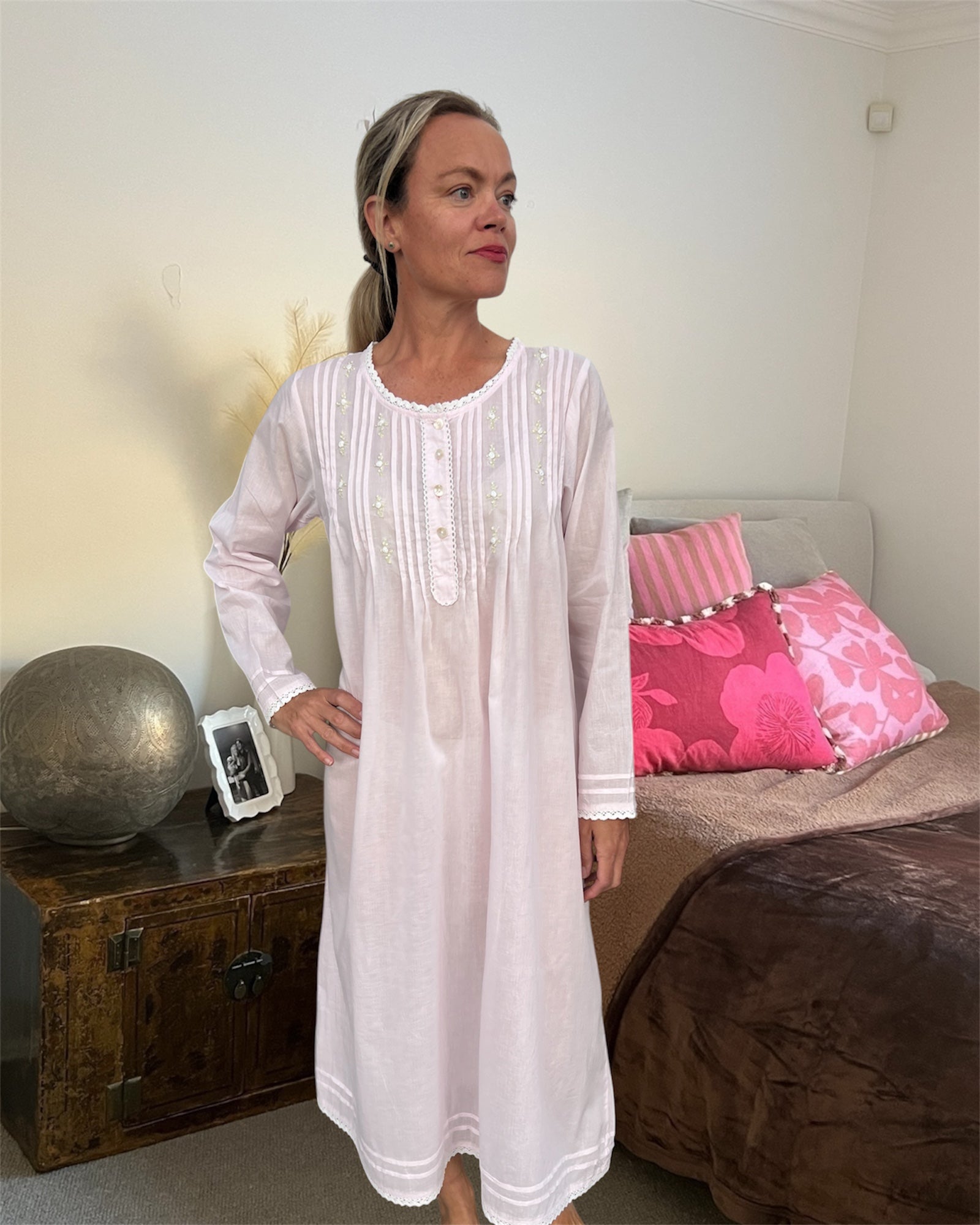 Elizabeth Cambric Cotton Long Sleeve soft pink Nightgown