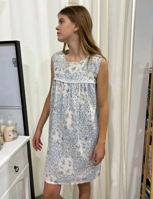 Arabella Girls blue floral patch print Pure Cotton Sleeveless Nightie