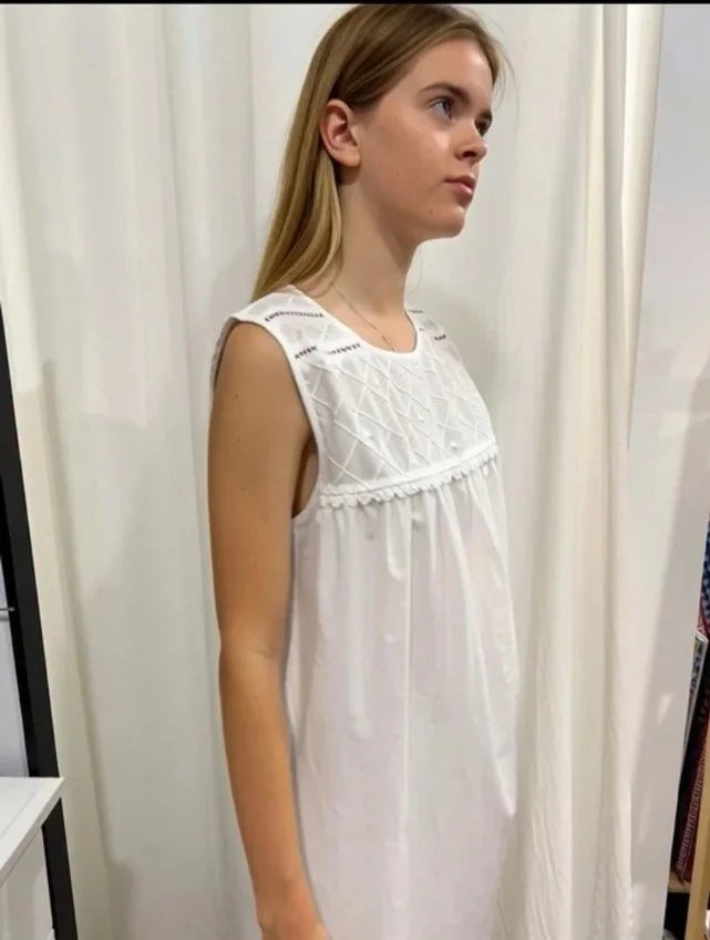 Arabella Girls White Pure Cotton Sleeveless Nightie with embroidered roses