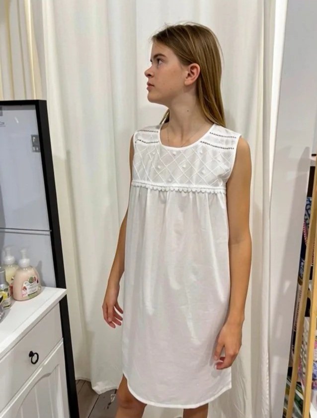 Arabella Girls White Pure Cotton Sleeveless Nightie with embroidered roses