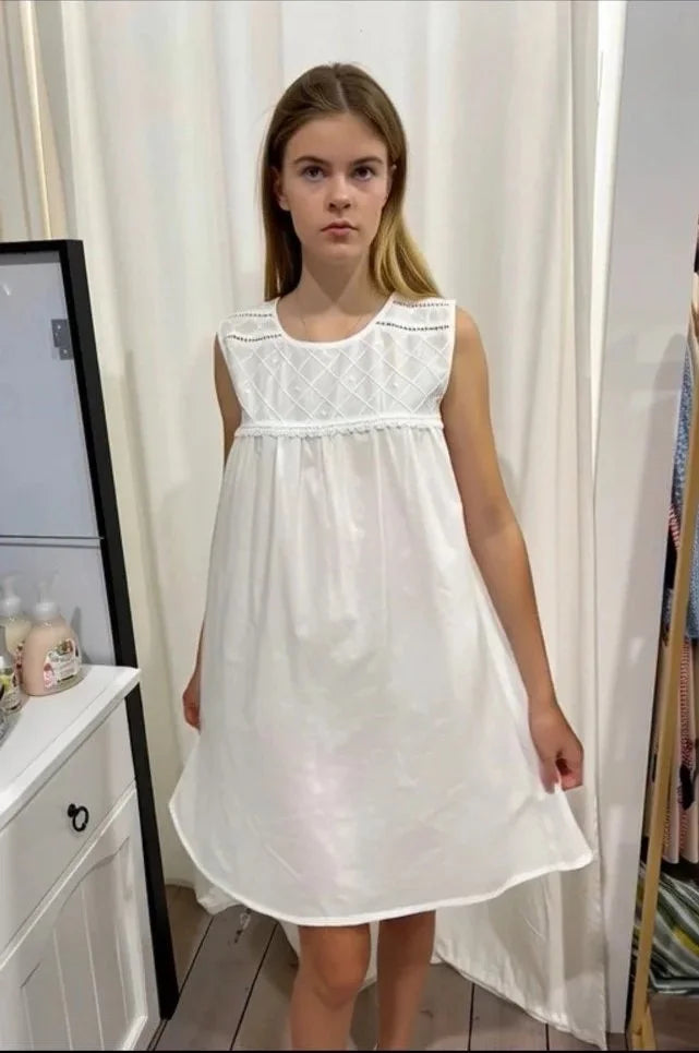 Arabella Girls White Pure Cotton Sleeveless Nightie with embroidered roses