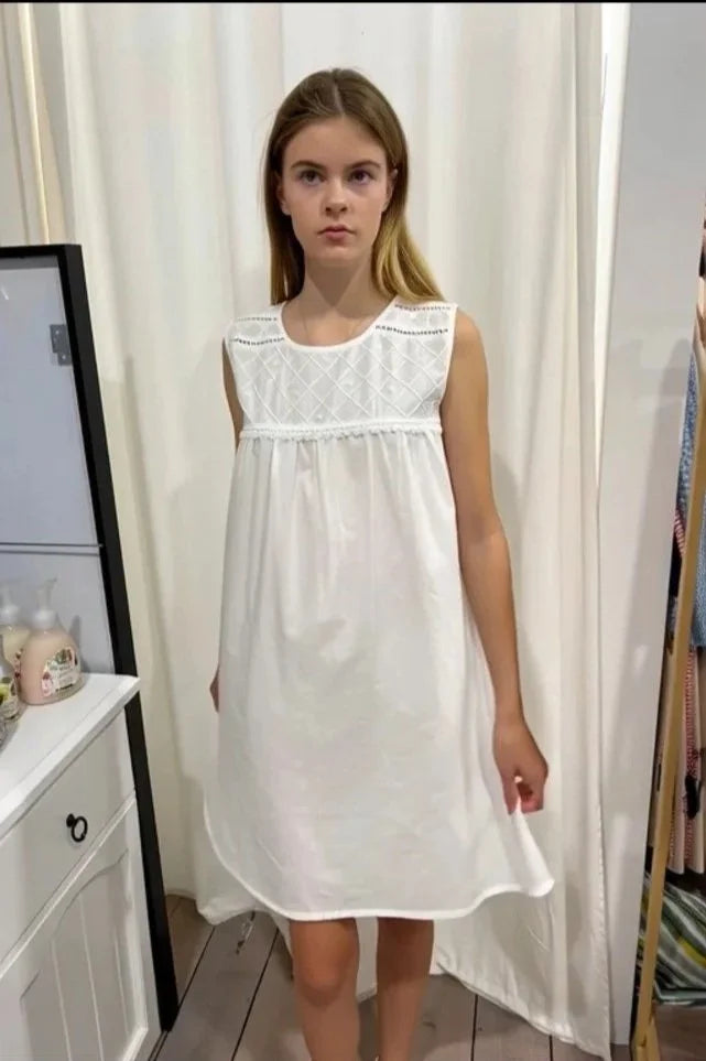 Arabella Girls White Pure Cotton Sleeveless Nightie with embroidered roses