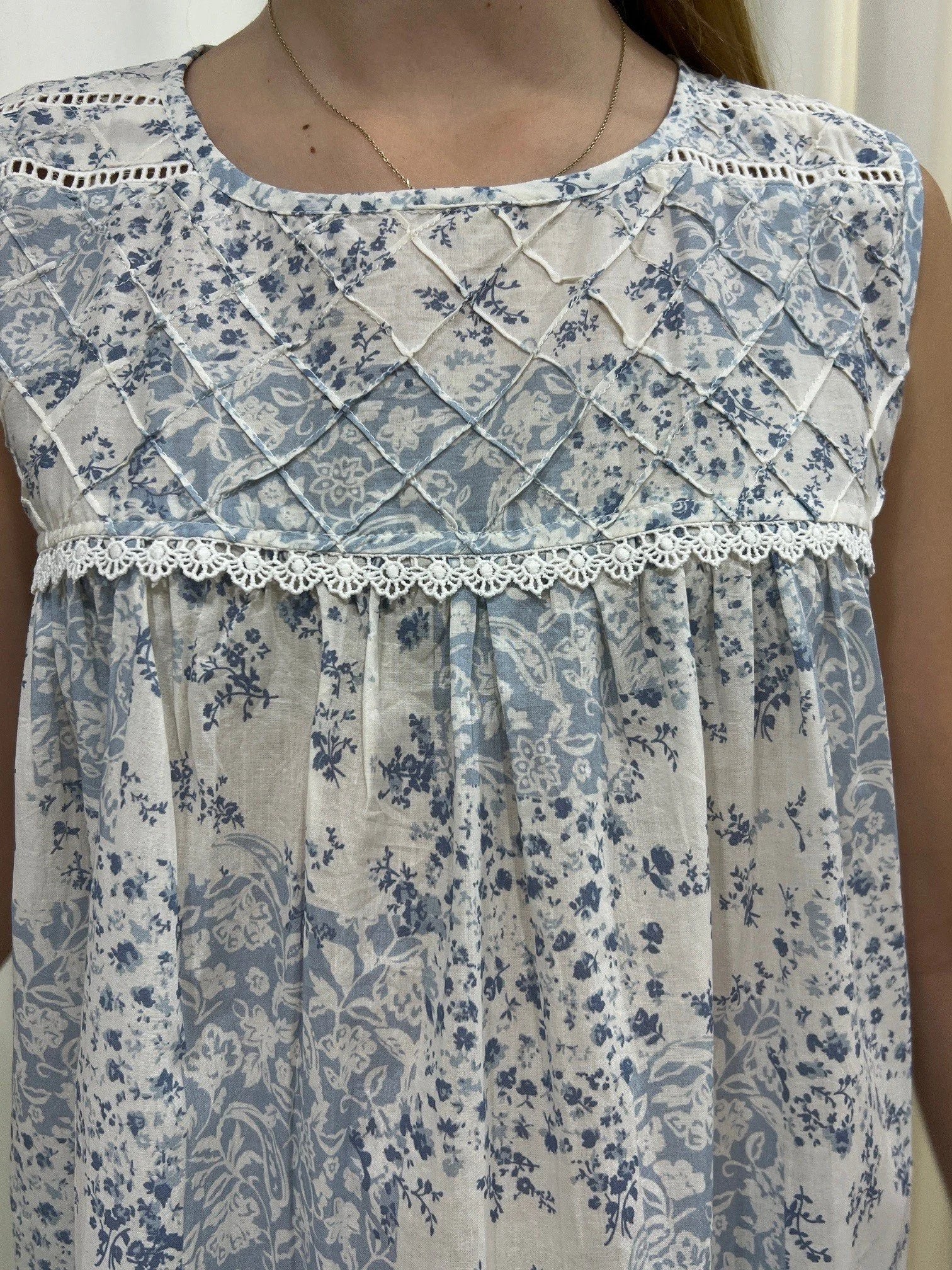 Arabella Girls blue floral patch print Pure Cotton Sleeveless Nightie