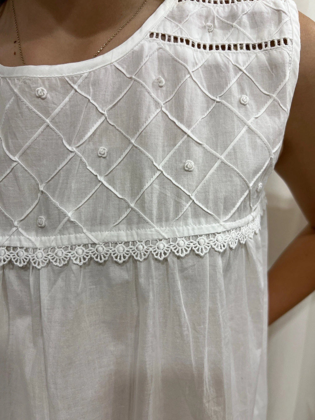 Arabella Girls White Pure Cotton Sleeveless Nightie with embroidered roses