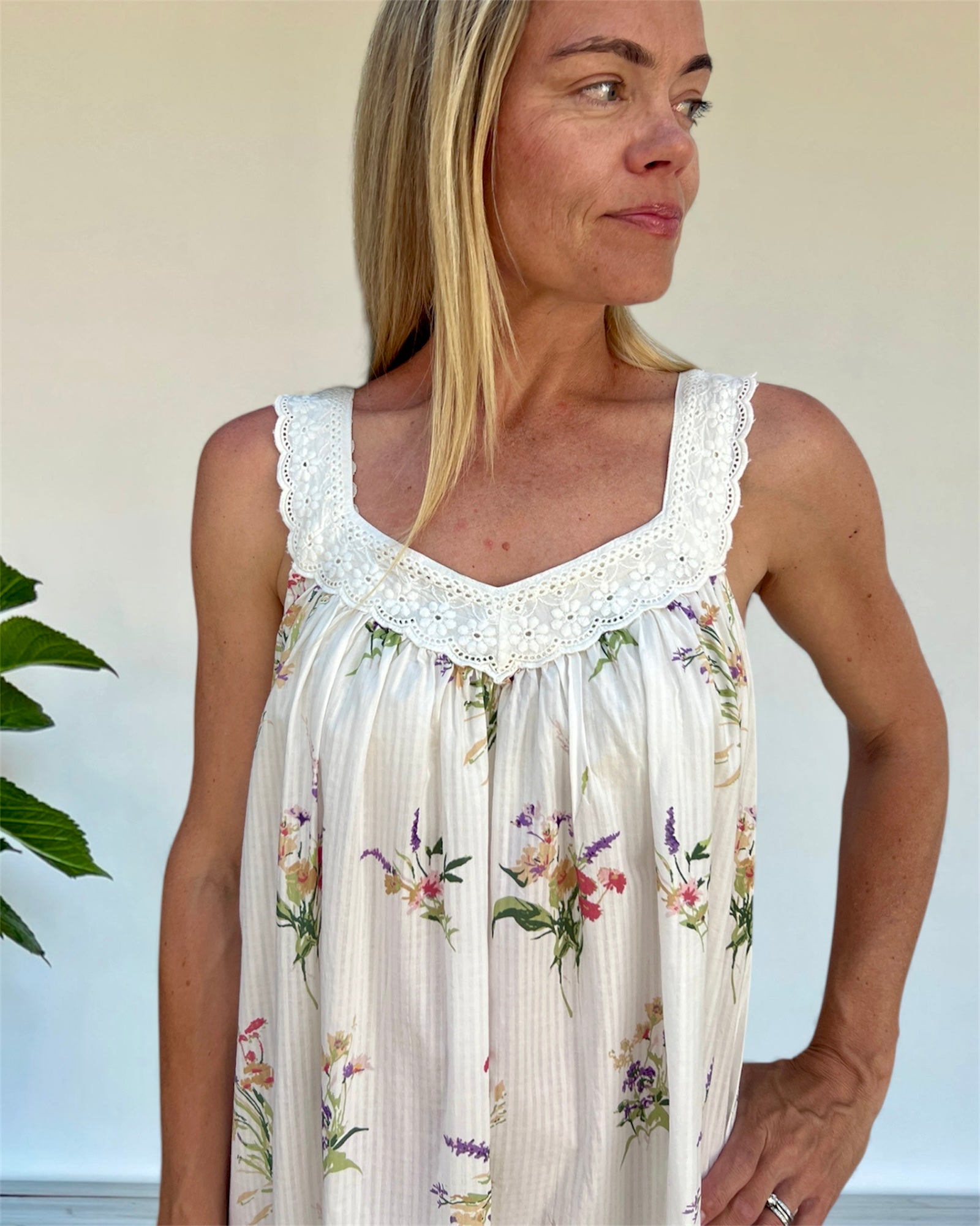 Harper in native bunch pure cotton gathered V neck nightie with lace straps