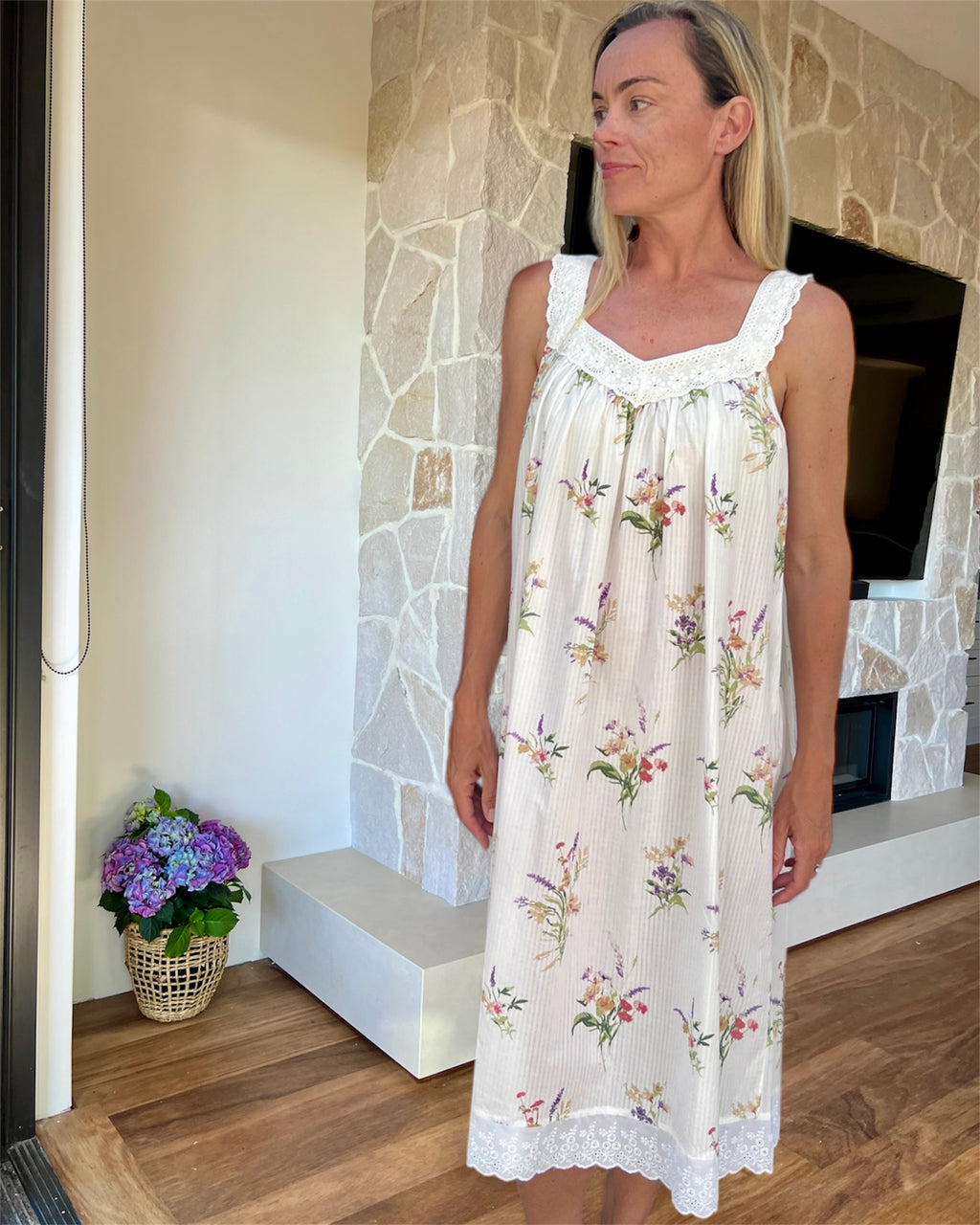 Harper in native bunch pure cotton gathered V neck nightie with lace straps