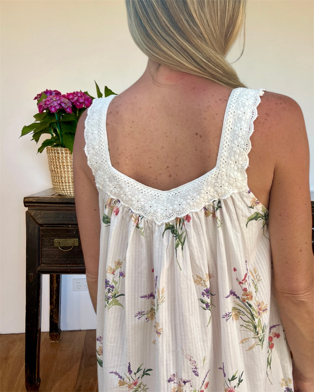 Harper in native bunch pure cotton gathered V neck nightie with lace straps