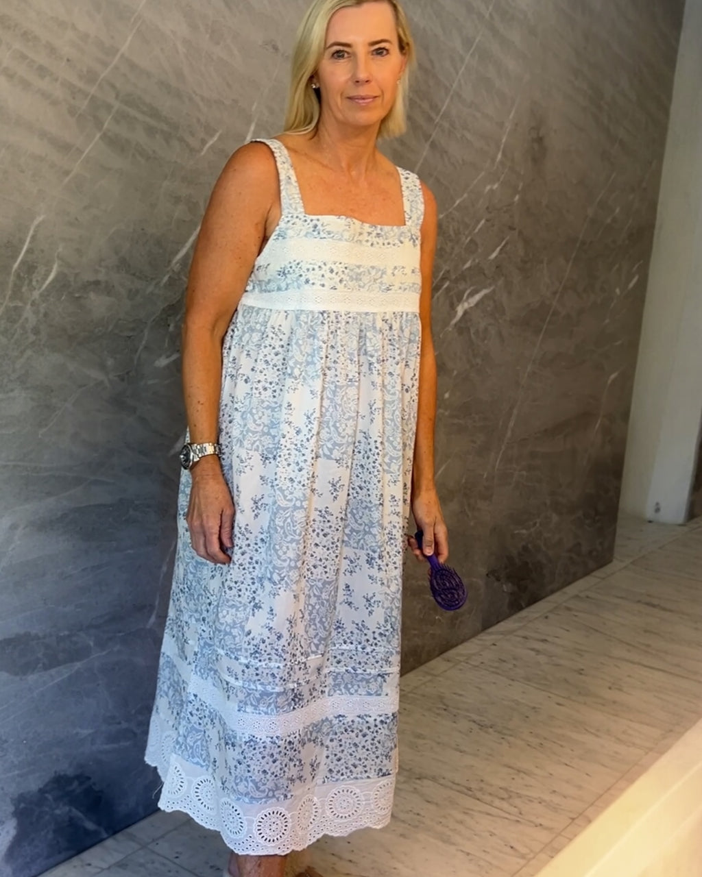 Andrea in floral blue check pure Cotton lace nightie with narrow straps