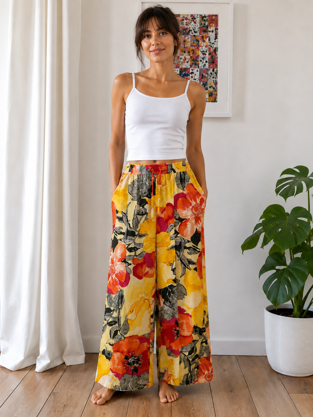 Davey pure cotton lounge pants in yellow flower
