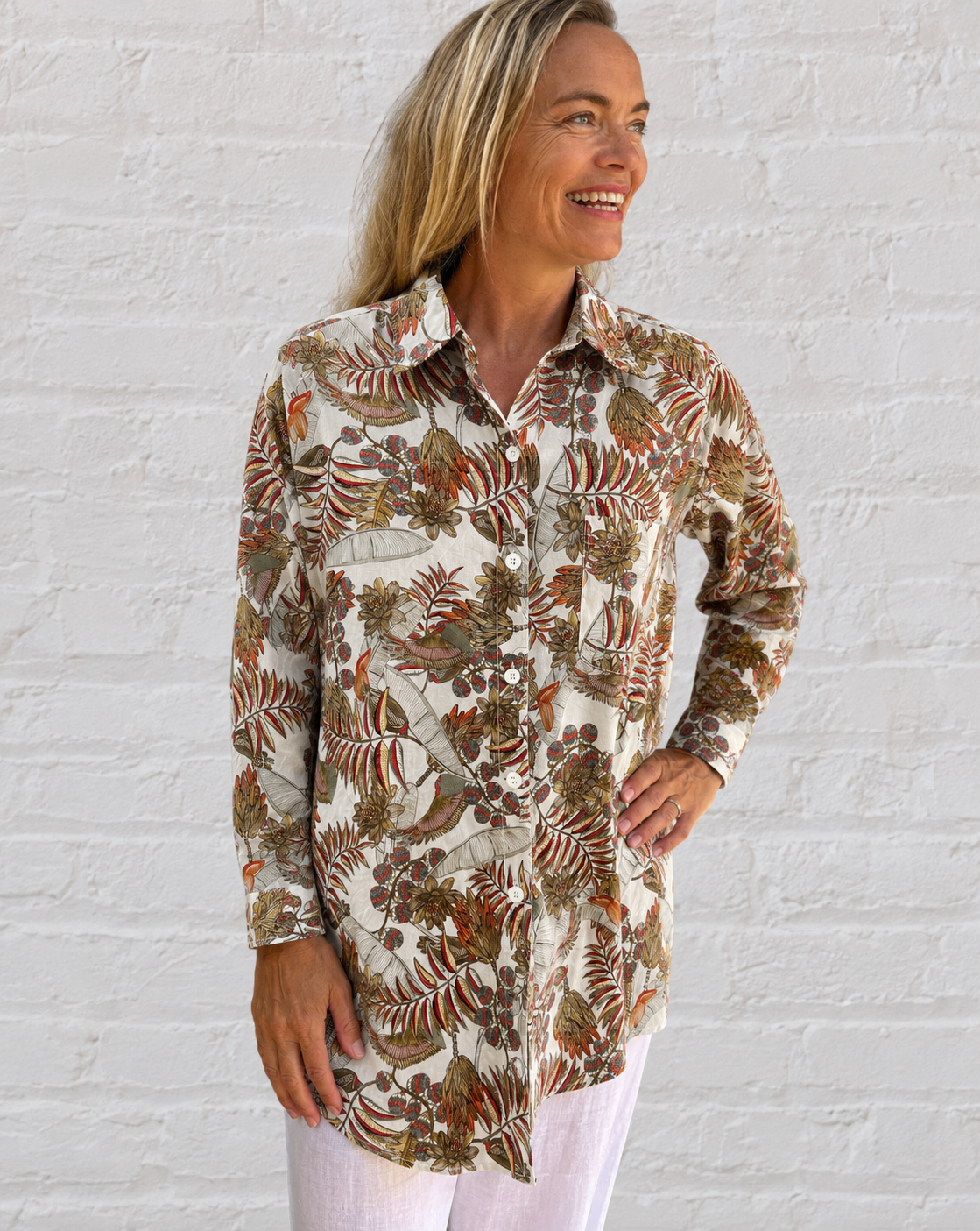 Stevie long sleeve pure cotton shirt in natural rainforest