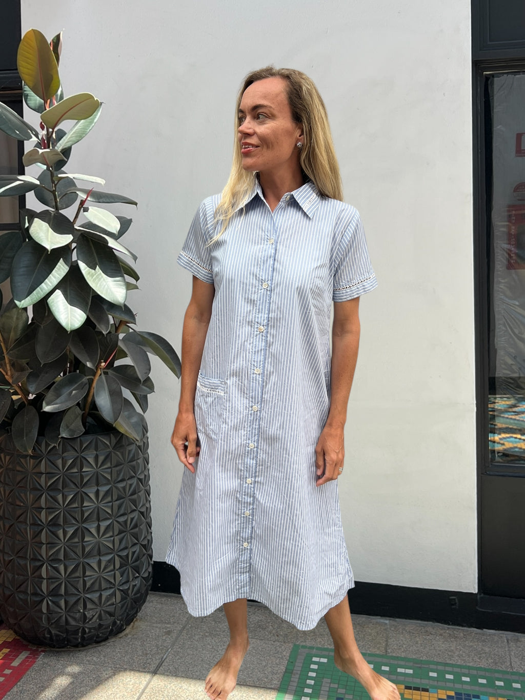 Brianna pure cotton poplin shirt dress  in Blue & White Stripe