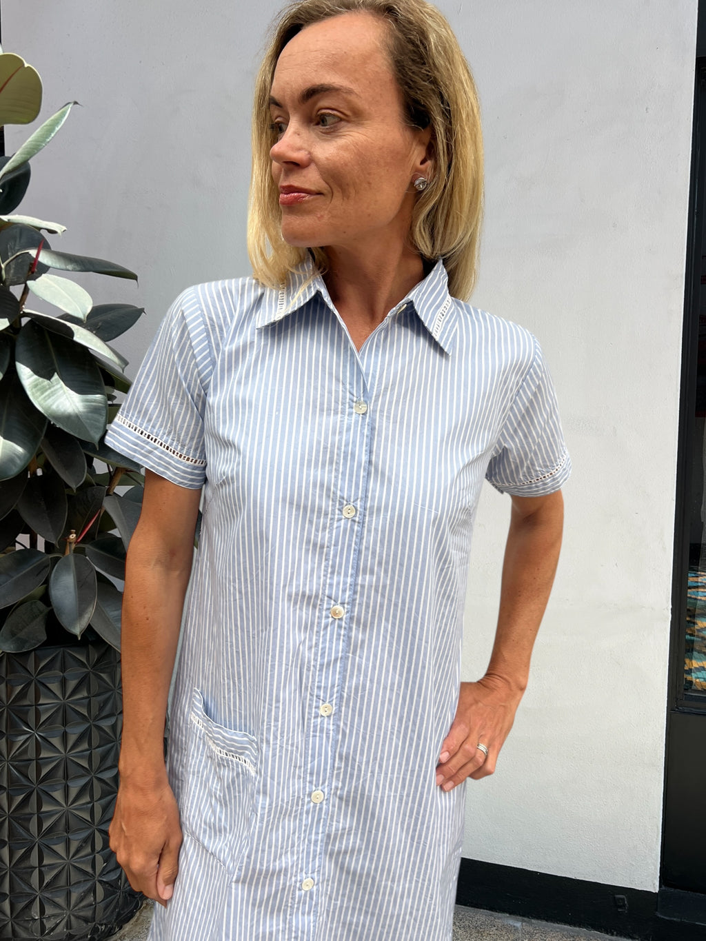 Brianna pure cotton poplin shirt dress  in Blue & White Stripe