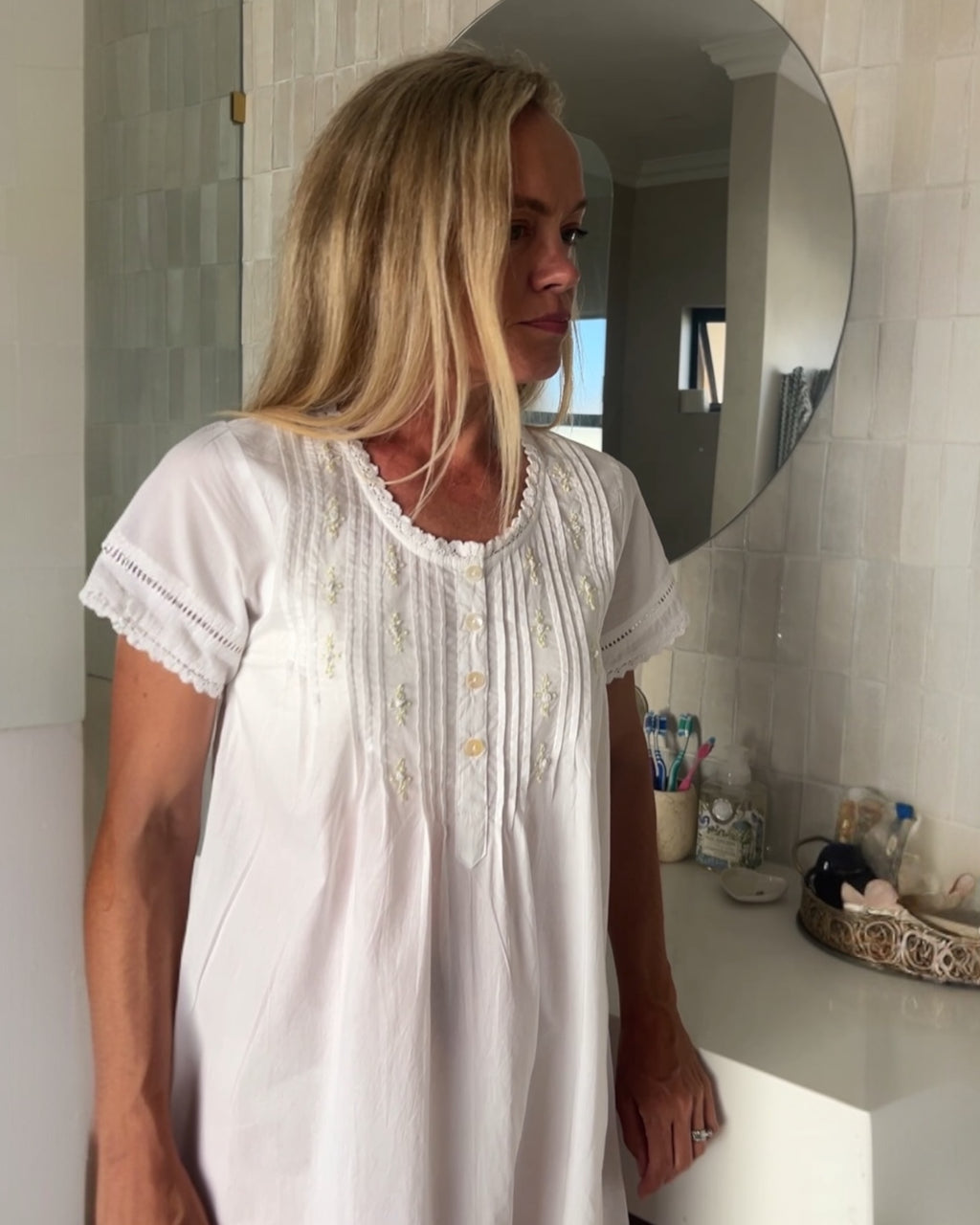 Betty (SHORT) White Pure Cotton Short Sleeve Nightie with white/green Hand Embroidery