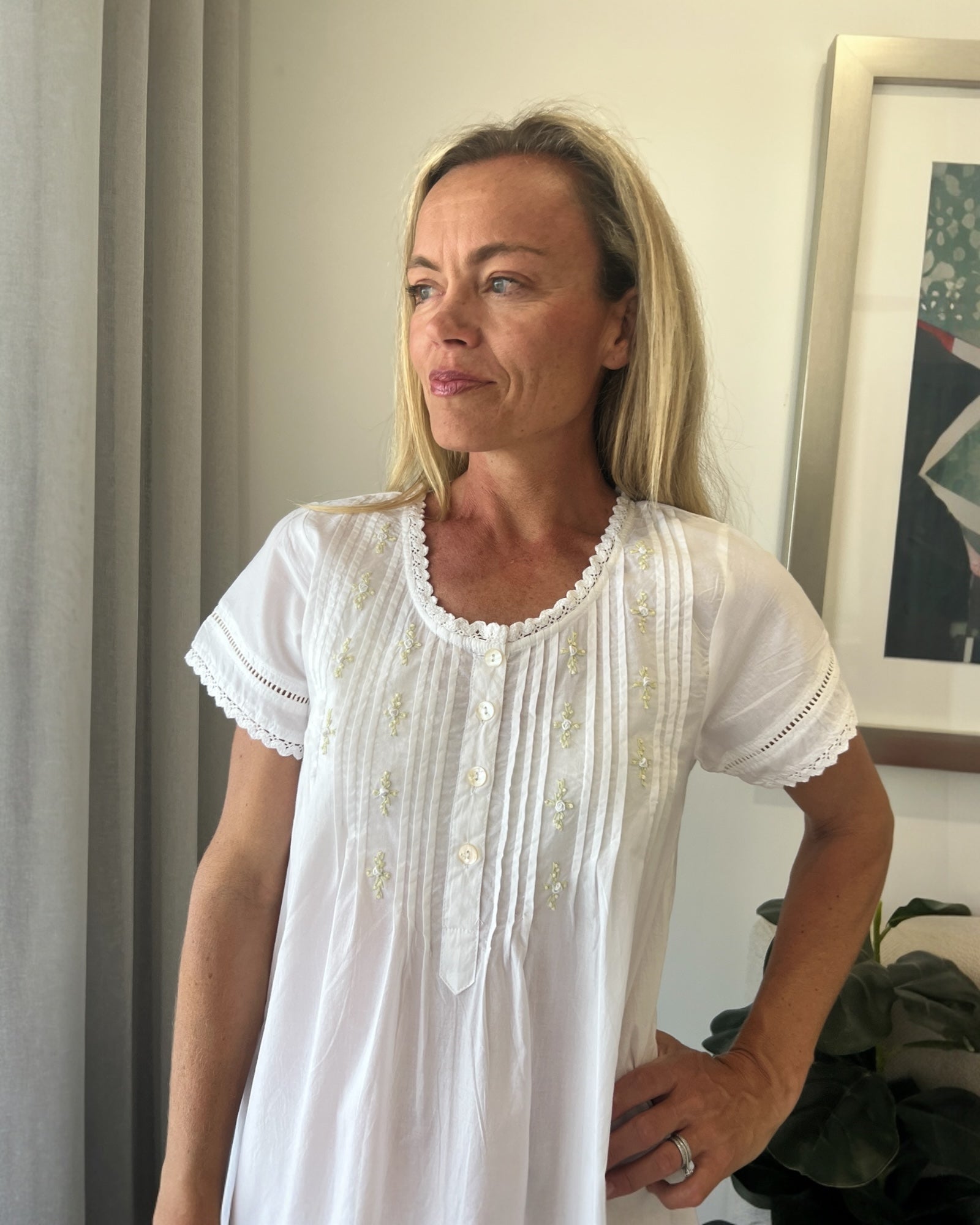 Betty (SHORT) White Pure Cotton Short Sleeve Nightie with white/green Hand Embroidery