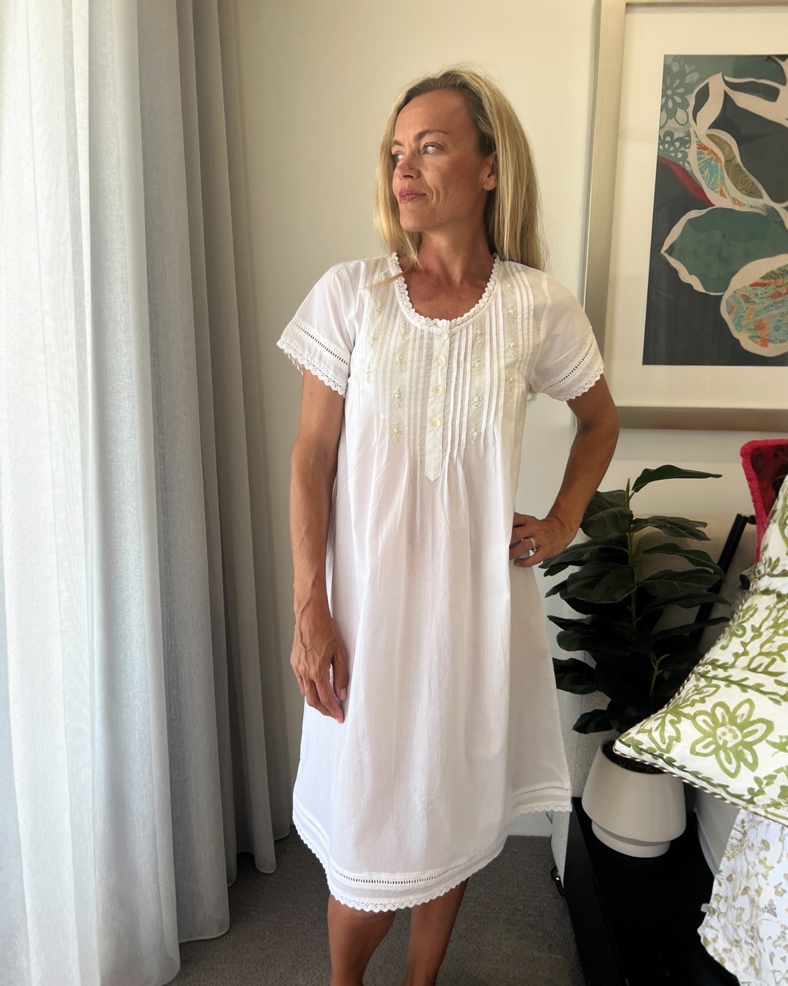 Betty (SHORT) White Pure Cotton Short Sleeve Nightie with white/green Hand Embroidery