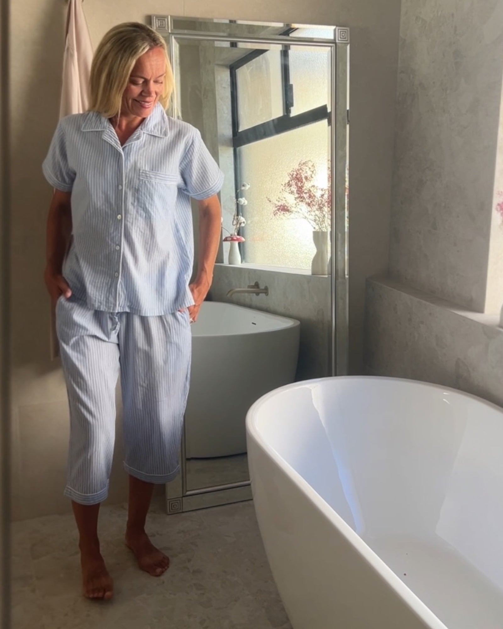 Isabella Blue & White Striped Pure Cotton 3/4 Length PJs