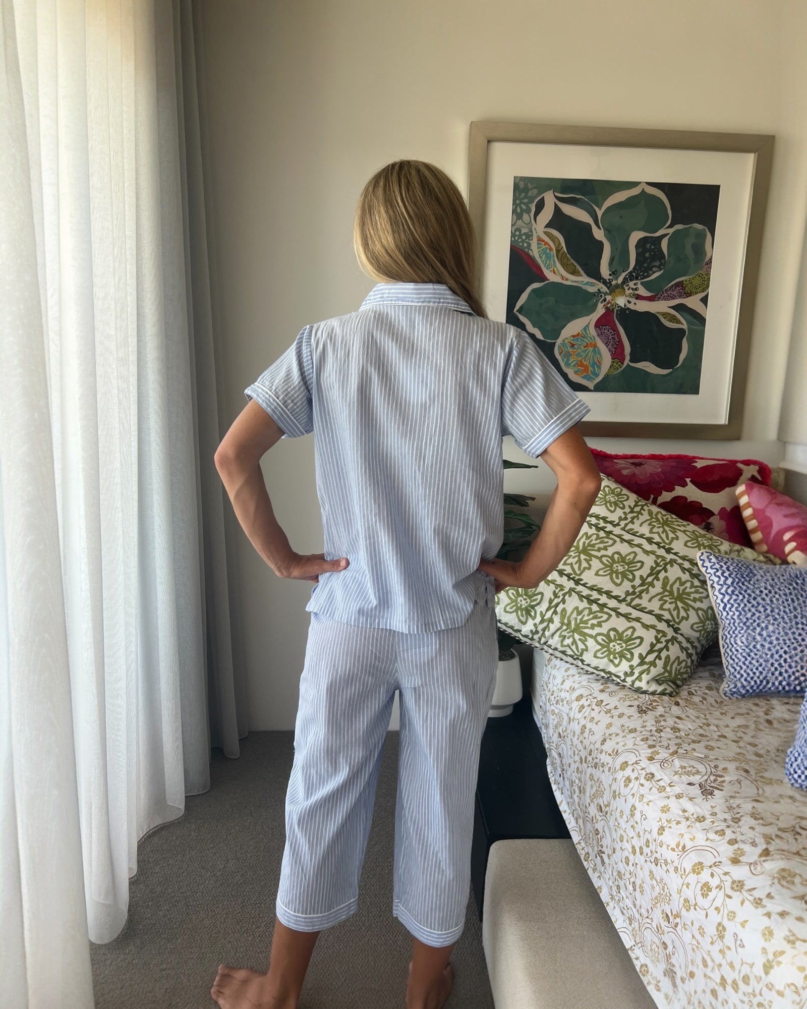 Isabella Blue & White Striped Pure Cotton 3/4 Length PJs