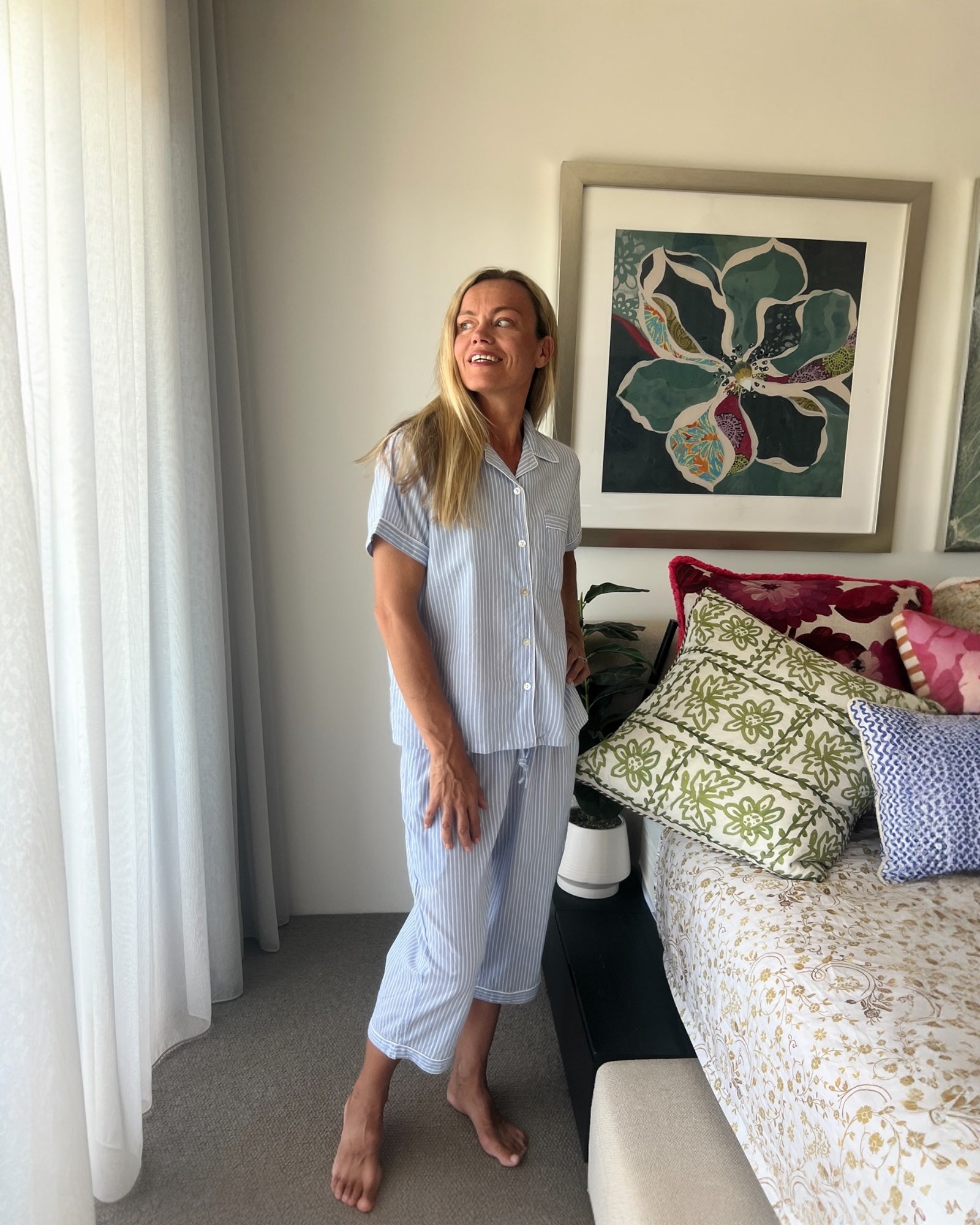 Isabella Blue & White Striped Pure Cotton 3/4 Length PJs