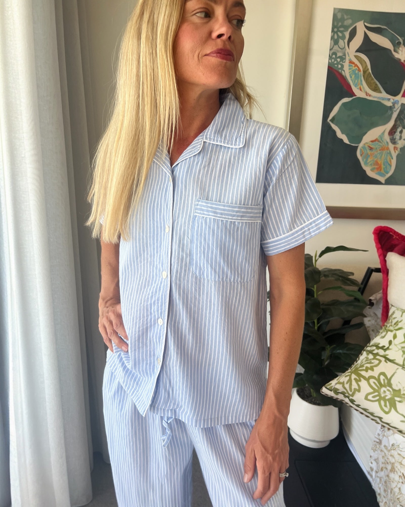 Isabella Blue & White Striped Pure Cotton 3/4 Length PJs