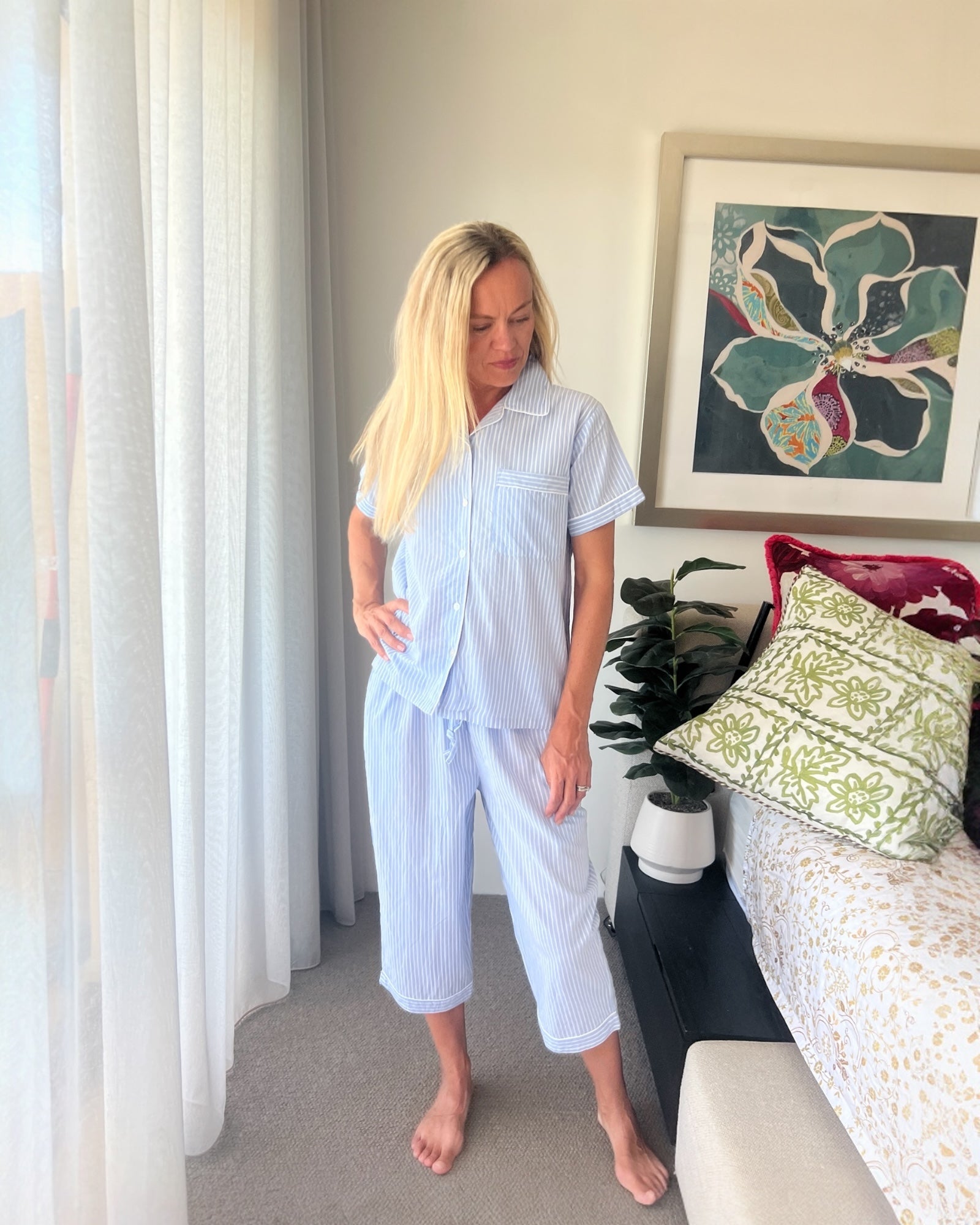 Isabella Blue & White Striped Pure Cotton 3/4 Length PJs