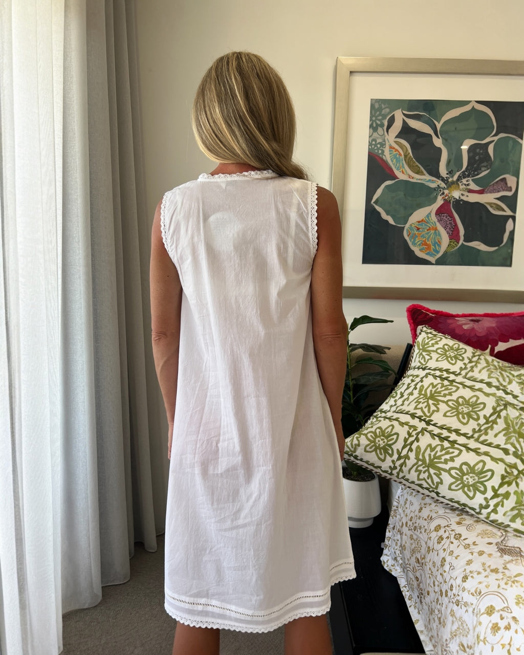Brittany (SHORT) White Pure Cotton Sleeveless Nightie with white/green Hand Embroidery