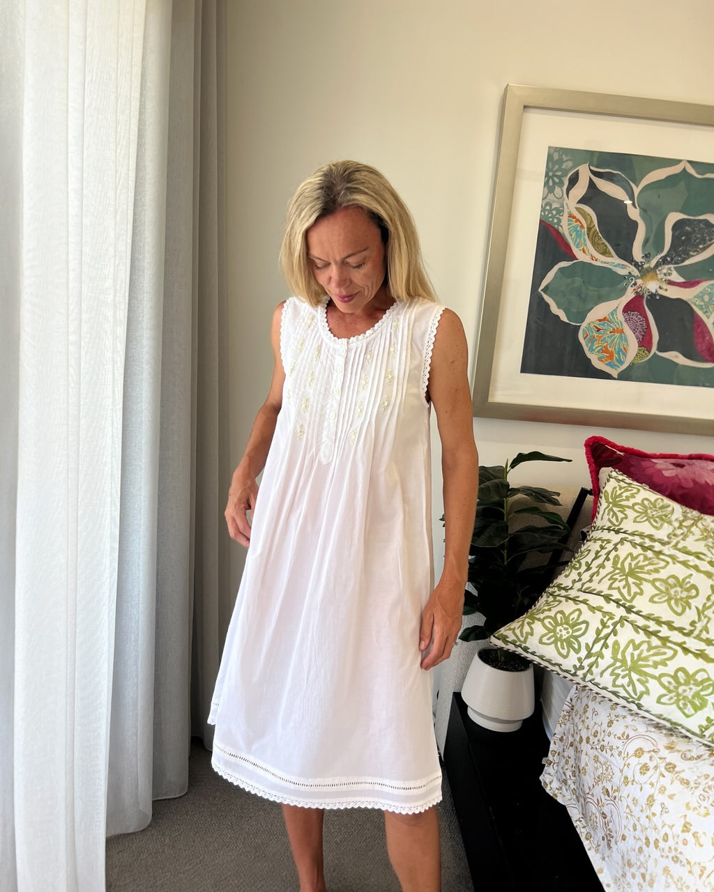 Brittany (SHORT) White Pure Cotton Sleeveless Nightie with white/green Hand Embroidery