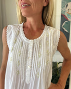 Brittany (SHORT) White Pure Cotton Sleeveless Nightie with white/green Hand Embroidery