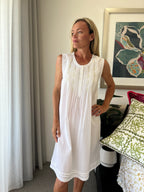 Brittany (SHORT) White Pure Cotton Sleeveless Nightie with white/green Hand Embroidery