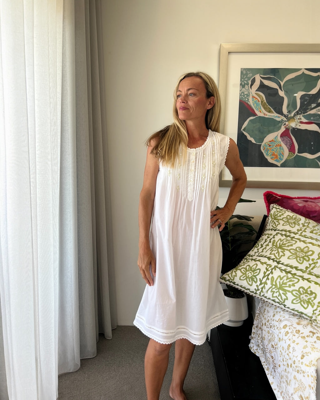 Brittany (SHORT) White Pure Cotton Sleeveless Nightie with white/green Hand Embroidery